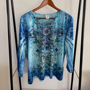 Jess & Jane XL Extra Large Floral Print Embellished Top Bling USA Made Funky